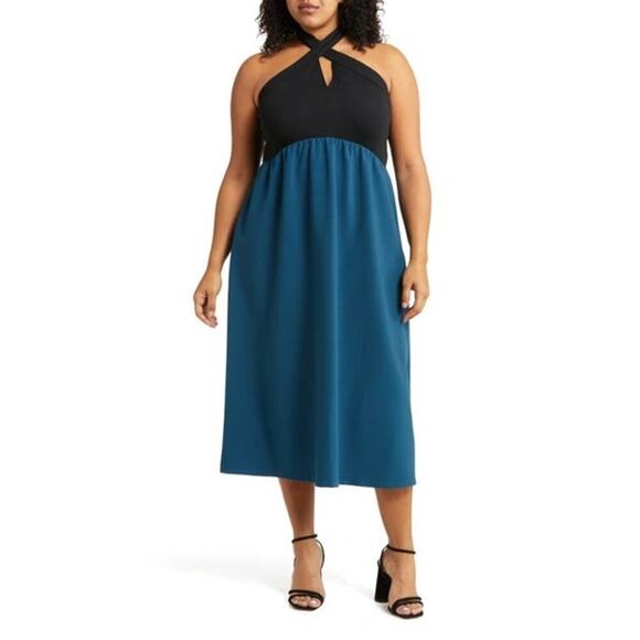 Chelsea28 Mixed Media Dress Halter Neck Colorblock Black Blue Ceramic NWT 3X - Picture 1 of 10